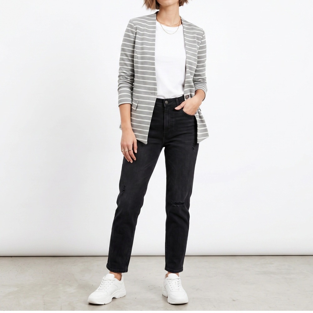 Eden Society Blazer Womens Small Gray White Striped Cotton Blend Knit Workwear